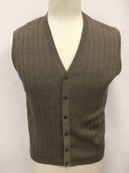 Mens, Sweater Vest, BRANDINI, Brown, Wool, Solid, L, Ribbed Knit Cardigan, V-neck, Ribbed Knit Placket, Armholes