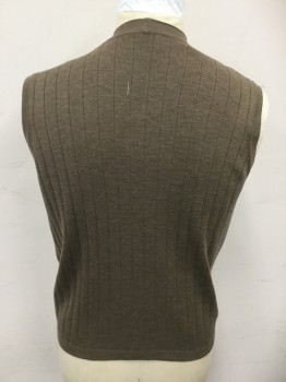 Mens, Sweater Vest, BRANDINI, Brown, Wool, Solid, L, Ribbed Knit Cardigan, V-neck, Ribbed Knit Placket, Armholes