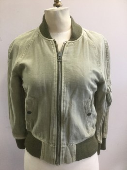 Womens, Casual Jacket, R13, Lt Olive Grn, Olive Green, Cotton, Hemp, Solid, XS, Faded/Light Olive Lightweight Woven with Darker Olive Rib Knit Neck, Cuffs and Waistband, Zip Front, Raglan Sleeves, 2 Welt Pockets & 1 Zip Pocket on Sleeve