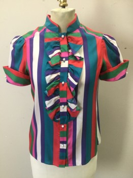 MARC JACOBS, Multi-color, Silk, Stripes - Vertical , Short Sleeves with Cuffs, Button Front, Ruffle, Band Collar,  Pearl Buttons
