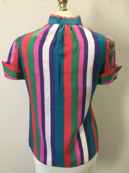 MARC JACOBS, Multi-color, Silk, Stripes - Vertical , Short Sleeves with Cuffs, Button Front, Ruffle, Band Collar,  Pearl Buttons