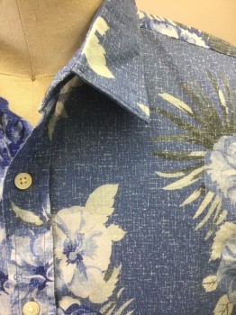 BLOOMINGDALES, Periwinkle Blue, White, Lt Blue, Blue, Cotton, Floral, Tropical , Periwinkle with White Specks, Shades of Blue Tropical Flowers and Leaves, Short Sleeve Button Front, Collar Attached