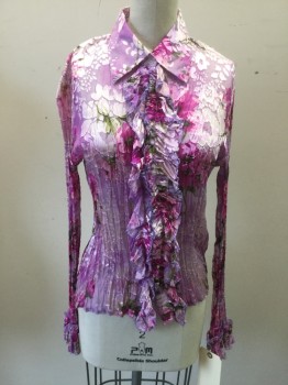EVERYDAY, Lilac Purple, Lavender Purple, Fuchsia Pink, Olive Green, Silk, Floral, Sheer Burnout Satin, Crinkle, Button Front, Collar Attached, Ruffle Center Front and Cuffs