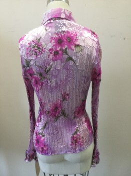 EVERYDAY, Lilac Purple, Lavender Purple, Fuchsia Pink, Olive Green, Silk, Floral, Sheer Burnout Satin, Crinkle, Button Front, Collar Attached, Ruffle Center Front and Cuffs