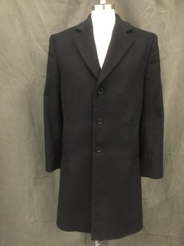 Mens, Coat, Overcoat, MICHAEL KORS, Black, Wool, Nylon, Solid, 38R, Single Breasted, Collar Attached, Notched Lapel, 2 Pockets, Long Sleeves