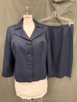 Womens, Suit, Jacket, EVAN PICONE, Navy Blue, Polyester, Solid, 18W, Textured, Single Breasted, Collar Attached, Collar Overlapping Lapel, 3 Buttons