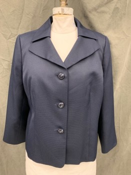 Womens, Suit, Jacket, EVAN PICONE, Navy Blue, Polyester, Solid, 18W, Textured, Single Breasted, Collar Attached, Collar Overlapping Lapel, 3 Buttons