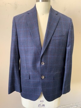 PROSSIMO, Navy Blue, Red Burgundy, Wool, Plaid - Tattersall, Single Breasted, Notched Lapel, 2 Buttons, 3 Pockets
