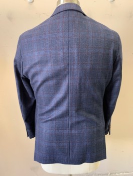 PROSSIMO, Navy Blue, Red Burgundy, Wool, Plaid - Tattersall, Single Breasted, Notched Lapel, 2 Buttons, 3 Pockets