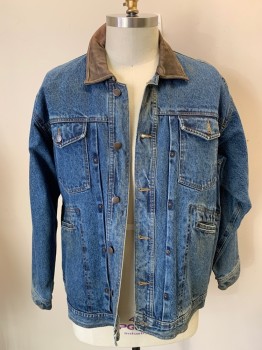 Mens, Jean Jacket, WRANGLER, Denim Blue, Chocolate Brown, Cotton, Synthetic, Faded, Color Blocking, XL, Button Front, Leather Collar, 4 Large Pockets, Button Cuffs, Leather Logo on Back, Plaid Lining **faded/brown Discoloration on Front