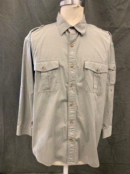ORVIS, Putty/Khaki Gray, Cotton, Solid, Outdoor, Button Front, Collar Attached, 2 Flap Patch Pockets, Epaulets, 1 Sleeve Patch Pocket, Button Cuff