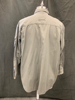 ORVIS, Putty/Khaki Gray, Cotton, Solid, Outdoor, Button Front, Collar Attached, 2 Flap Patch Pockets, Epaulets, 1 Sleeve Patch Pocket, Button Cuff