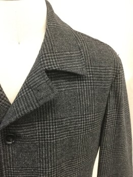 Mens, Coat, Overcoat, HUGO BOSS, Black, Gray, Wool, Houndstooth, 40R, Button Front, Collar Attached, Long Sleeves, 2 Pockets