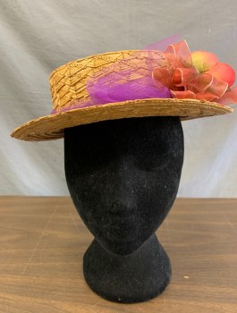 N/L, Tan Brown, Purple, Red, Moss Green, Straw, Polyester, Solid, Boater with Graduated Brim, Tulle Band Poly Ribbon and Flower, Small Crack in Brim