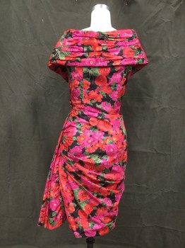 VICTOR COSTA, Red, Fuchsia Pink, Black, Green, Yellow, Polyester, Floral, V-neck, 2" Wide Straps with Stretch, Gathered Crossover Shawl-like Overlay Off the Shoulder, Side Zip, Skirt Pleat Draped Left Hip Panel, Horizontal Gathered and Pleats Under Panel, Back Skirt Horizontal Pleats at Left Side Seam