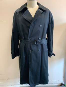 Mens, Coat, Trenchcoat, JOS.A.BANK, Black, Cotton, Polyester, Solid, 48R, Double Breasted, Felt Collar Attached, Raglan Sleeves, 2 Welt Pockets, ***With Belt & Detachable Liner