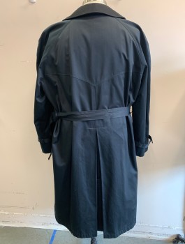Mens, Coat, Trenchcoat, JOS.A.BANK, Black, Cotton, Polyester, Solid, 48R, Double Breasted, Felt Collar Attached, Raglan Sleeves, 2 Welt Pockets, ***With Belt & Detachable Liner