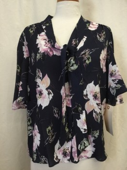 REBECCA TAYLOR, Midnight Blue, Mauve Purple, Green, White, Beige, Silk, Floral, Button Front, Scoop Neck with Self Tie, Flared Short Sleeves, Sheer