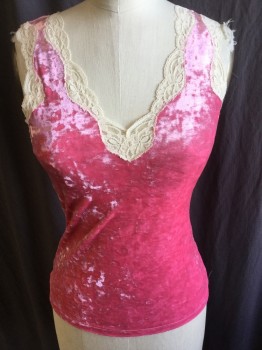 BANANA REPUBLIC, Raspberry Pink, Beige, Polyester, Spandex, Solid, Crushed Velvet Watermelon with Beige Lace Trim V-neck & Arm Holes, 2.5" Straps