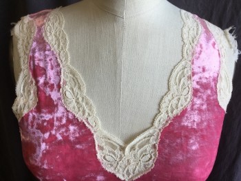 Womens, Top, BANANA REPUBLIC, Raspberry Pink, Beige, Polyester, Spandex, Solid, S, Crushed Velvet Watermelon with Beige Lace Trim V-neck & Arm Holes, 2.5" Straps
