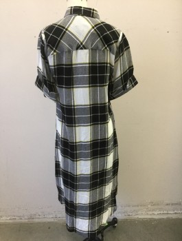 PUBLIC SCHOOL, Black, Cream, Yellow, Viscose, Wool, Plaid, Abstract 2 Button Plackets, 1 is Diagonal and Non Functional, Short Cuffed Sleeves, Collar Attached, Shift Dress, Hem Above Knee