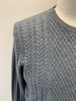 JOS A. BANKS, Heather Gray, Cashmere, Cable Knit, Diamond Knit Down Center, Ribbed Knit Crew Neck, Brown Ribbed Knit Under Collar