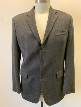 CALVIN KLEIN, Charcoal Gray, Black, Wool, Herringbone, Single Breasted, Notched Lapel, 3 Buttons, 3 Pockets
