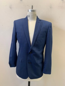 BAR III, Blue, Black, Wool, Polyester, Plaid-  Windowpane, Single Breasted, 2 Buttons,  Double Notched Lapel,