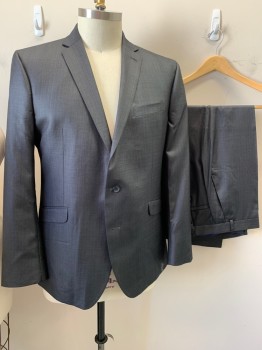 KENNETH COLE, Graphite Gray, Polyester, Rayon, Solid, Single Breasted, 2 Buttons, 3 Pockets, Notched Lapel, Self Plaid, Shiny