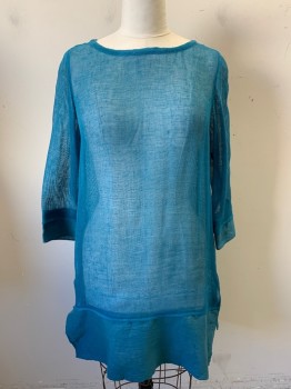 Womens, Dress, Long & 3/4 Sleeve, N/L, Teal Blue, Rayon, Linen, Solid, B38, Sheer Rayon, Wide Linen Rectangle at Hems and at Cuffs, Pullover,