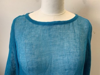 Womens, Dress, Long & 3/4 Sleeve, N/L, Teal Blue, Rayon, Linen, Solid, B38, Sheer Rayon, Wide Linen Rectangle at Hems and at Cuffs, Pullover,