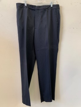 Mens, Suit, Pants, MOORS, Navy Blue, Wool, Stripes - Vertical , 36/33, F.F, Slash Pockets,