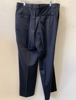 Mens, Suit, Pants, MOORS, Navy Blue, Wool, Stripes - Vertical , 36/33, F.F, Slash Pockets,
