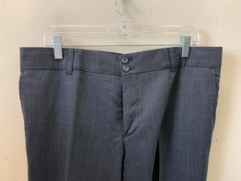Mens, Suit, Pants, HUGO BOSS, Black, Charcoal Gray, Blue, Wool, Plaid, 36/33, F.F, Side Pockets, Zip Front, Belt Loops