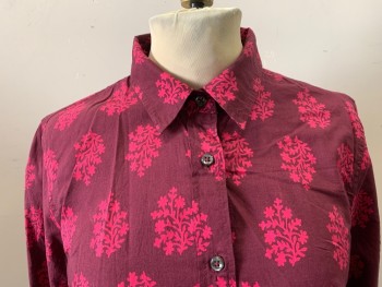 Womens, Blouse, J CREW, Aubergine Purple, Fuchsia Pink, Cotton, Floral, 4, Long Sleeves, Button Front, Collar Attached, Gray Buttons