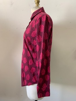 J CREW, Aubergine Purple, Fuchsia Pink, Cotton, Floral, Long Sleeves, Button Front, Collar Attached, Gray Buttons