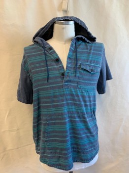 HURLEY, Blue-Gray, Teal Blue, Lt Gray, Cotton, Polyester, Stripes, Half Button Placket, 2 Pocket, Short Sleeves, Hood Attached