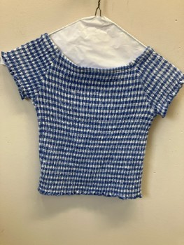 ZARA KIDS, Blue, White, Gingham, Jersey Knit, Wide Round Neck, S/S - Raglan, All Over Body/Sleeve Smocking