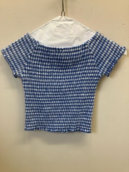 ZARA KIDS, Blue, White, Gingham, Jersey Knit, Wide Round Neck, S/S - Raglan, All Over Body/Sleeve Smocking