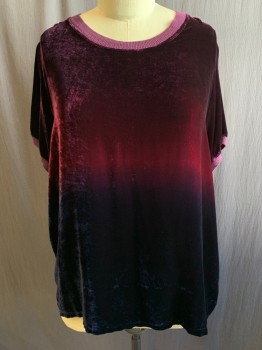 Womens, Top, JOHNNY WAS, Red Burgundy, Navy Blue, Rayon, Silk, Ombre, L, Velvet, Scoop Neck, Ribbed Knit Neck/Cuff, Short Sleeves, Square Shape