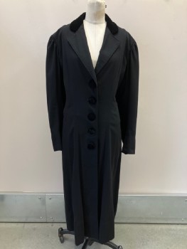 Womens, Coat 1890s-1910s, MTO, Black, Wool, Silk, Solid, B:36, Velvet Covered Button Front, Notched Lapel with Velvet on Collar Back, Pleated Back