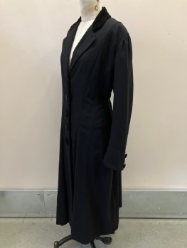 Womens, Coat 1890s-1910s, MTO, Black, Wool, Silk, Solid, B:36, Velvet Covered Button Front, Notched Lapel with Velvet on Collar Back, Pleated Back
