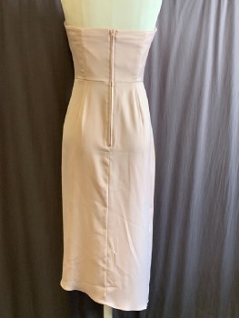 Womens, Cocktail Dress, C/MEO COLLECTIVE, Blush Pink, Synthetic, Solid, W24, B30, H38, Strapless, Bodice with Front Pleating, Draped Fabric with Ruffle On Right Side Of Skirt with Slit, Back Zip, High-Low Hem