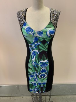Womens, Cocktail Dress, BEBE, Black, Polyester, Spandex, S, Queen Anne Neckline, Open Back, Beaded Straps, Green & Blue Abstract Pattern Down Center, Black Sides, Hem At Knee
