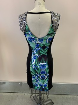 Womens, Cocktail Dress, BEBE, Black, Polyester, Spandex, S, Queen Anne Neckline, Open Back, Beaded Straps, Green & Blue Abstract Pattern Down Center, Black Sides, Hem At Knee