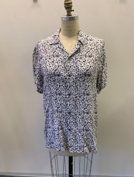 Womens, Blouse, I.N.C., Purple, Gray, Rayon, Abstract , S, C.A., Button Front, S/S, Off White BG,