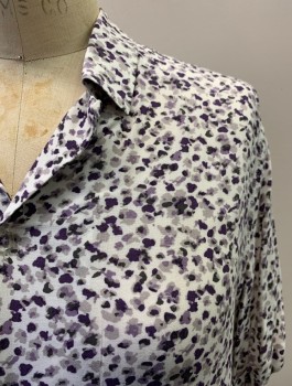 Womens, Blouse, I.N.C., Purple, Gray, Rayon, Abstract , S, C.A., Button Front, S/S, Off White BG,