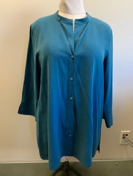 EILEEN FISHER, Teal Blue, Silk, Solid, Band Collar, V-N, Button Front, 3/4 Sleeves,