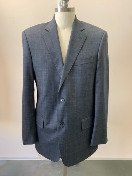 Mens, Sportcoat/Blazer, ROSSINI, Slate Gray, Navy Blue, Lt Brown, Wool, 2 Color Weave, Plaid, 40 L, Notched Lapel, Single Breasted, Button Front, 2 Buttons, 3 Pockets