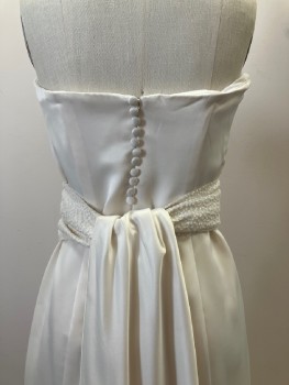 Womens, Wedding Gown, SANDALS DESSY GROUP, Cream, Polyester, Solid, 2, Strapless, Boning, Attached Lace Waist Band With Back Tie, Back Zip With Self Buttons